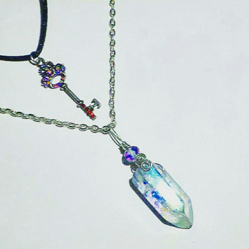 SOLD • Large Aura Quartz point & Key NECKLACE SET